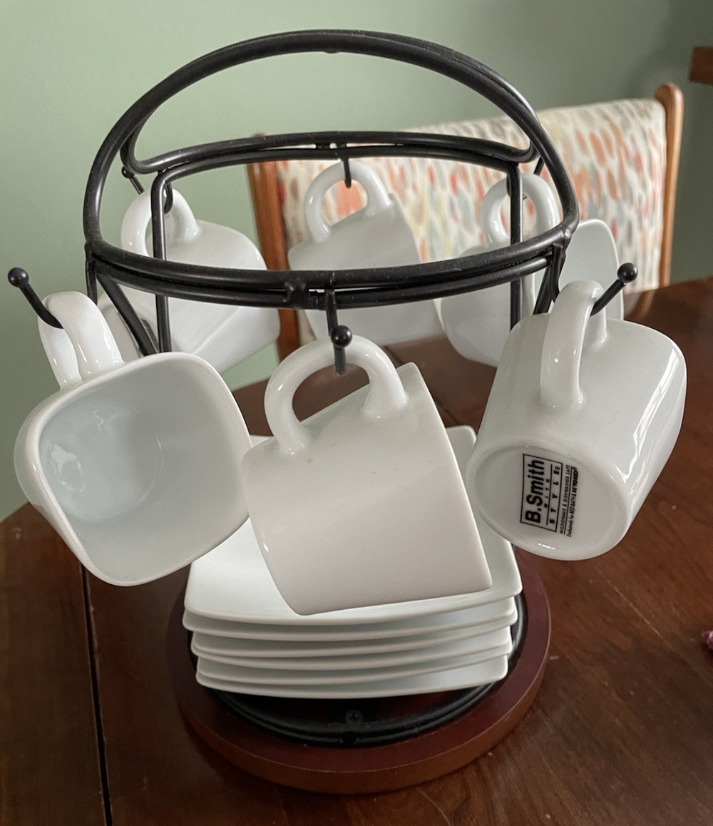 B Smith Style Ceramic Espresso Coffee Set White 6 Cups Hanging Rack Modern